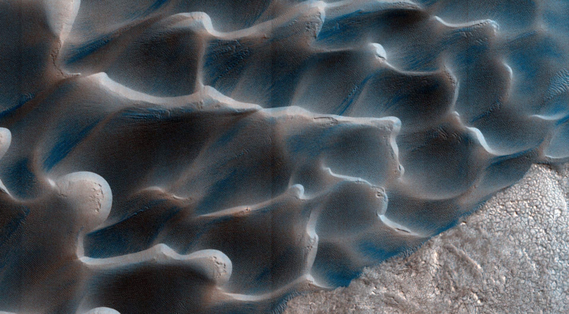Der Rückzug der Mars-Polkappe aus gefrorenem Kohlendioxid im Frühling und Sommer erzeugt Winde, die die größten Bewegungen der Sanddünen auf dem Mars antreiben. Bild: NASA / JPL / University of Arizona / USGS