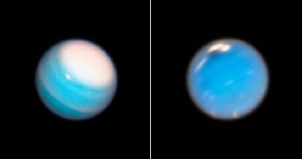 Ein Sturm auf Neptun (rechts) und ein Sturm um die Nordpolregion auf Uranus (links). Bild: NASA, ESA, A. Simon (NASA Goddard Space Flight Center), and M.H. Wong and A. Hsu (University of California, Berkeley) 