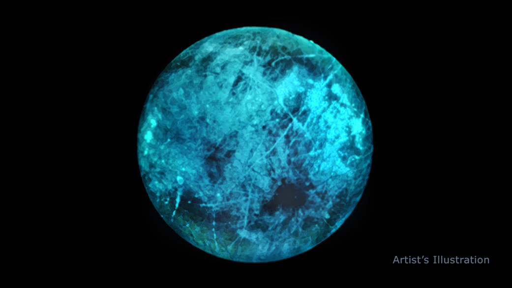Die Illustration von Jupiters Mond Europa zeigt, wie die eisige Oberfläche auf der Nachtseite leuchten könnte. Credit: NASA/JPL-Caltech