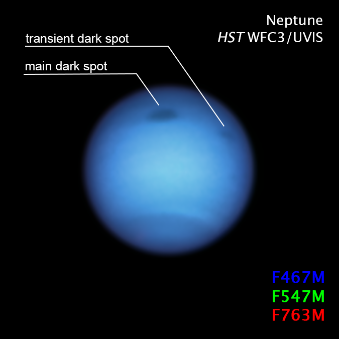 Sturm auf Neptun. Credit: NASA, ESA, STScI, MH Wong (University of California, Berkeley) and LA Sromovsky and PM Fry (University of Wisconsin-Madison)